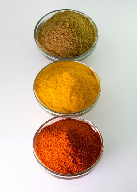 Spice Powder : Chili, Turmeric & Coriander in Bowl isolated on White background.