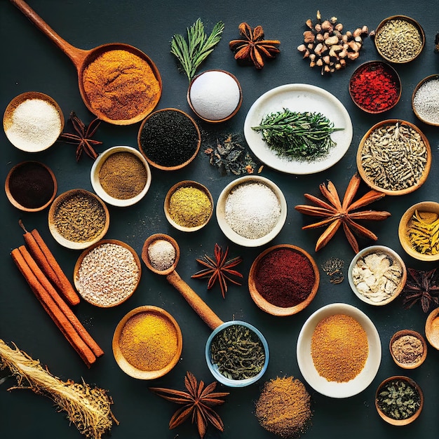 Spice Up Your Life A Wide Variety of Spices and Herbs on a Black Table Background