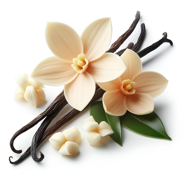 Фото Ароматный ванильный цветок и палочки на белом фоне
