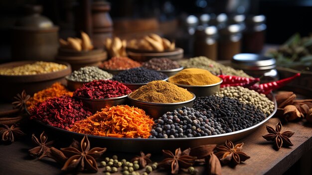 Spice variety on a wooden table surface