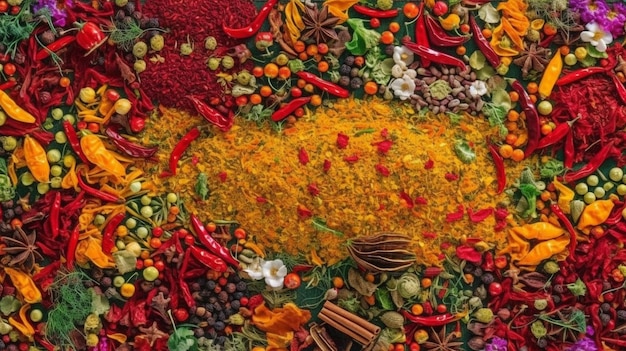 Spicecolored background Top view of spices and herbsThe Generative AI