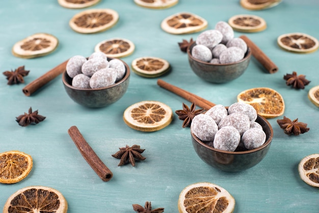 Spiced almonds with chocolate powder, traditional german christmas sweets with spices like cinnamon