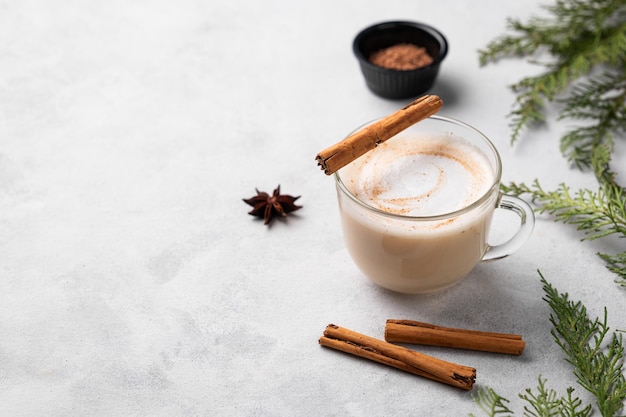 Spiced coffee latte or cappuccino with cinnamon sticks and anise star on a light background with fir branches