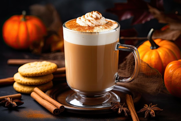 Spiced latte in clear mug with cinnamon nutmeg and cookies