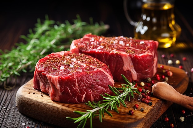 Spiced raw beef fillet steaks on wooden surface