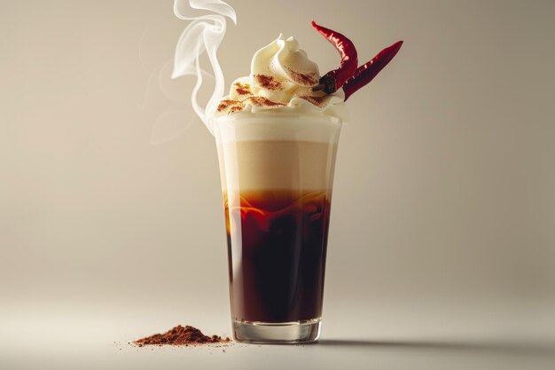 チリ・ペッパー・ガーニッシュのスパイス・ホイップ・コーヒー 透明なグラスで 創造性と温かさを放つ