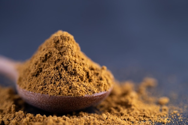 Spices are placed in a spoon and placed on the cement ground Selective focus