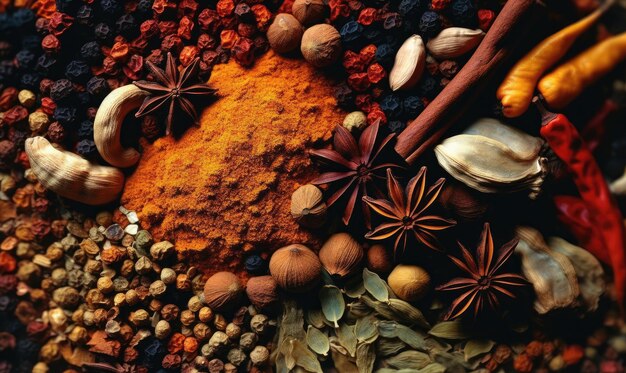 Photo spices aromatic flavorings colroful art shot