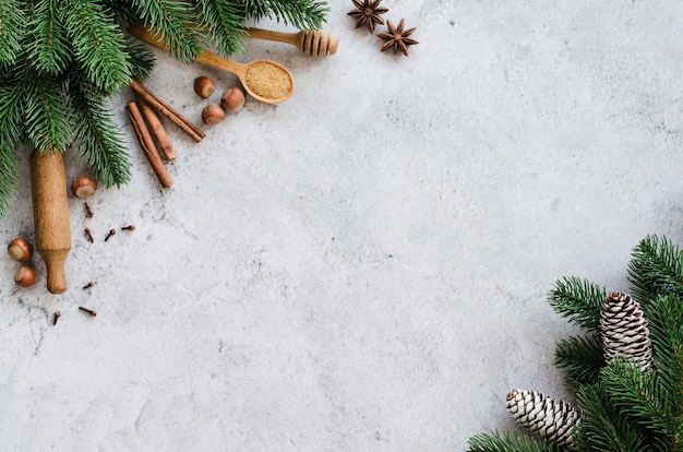 Spices for baking and fir branches on concrete.