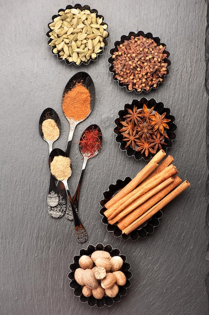 Spices on a black background