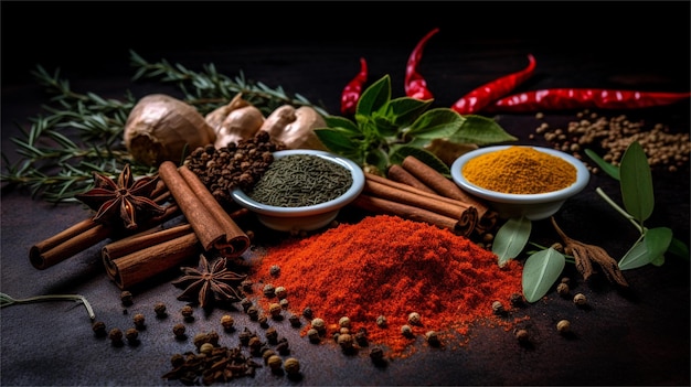 Spices on a black background