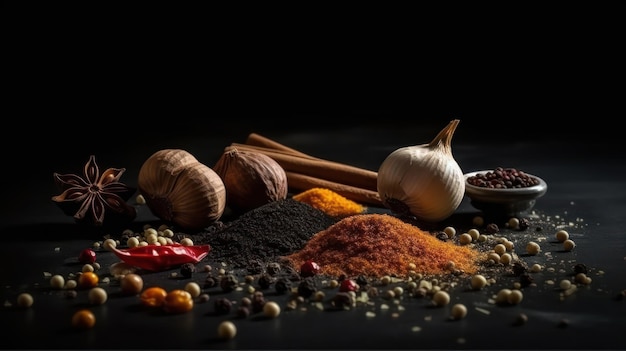 Spices on black background