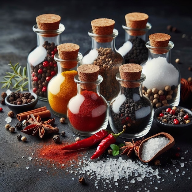 Photo spices black and red pepper and salt in glass flasks on a dark background with copy space