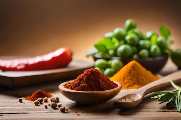 spices and a bowl of chili on a table