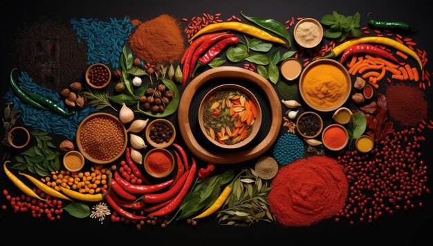 Photo spices condiments in plates and saucers on the table