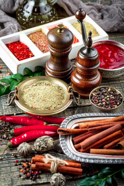 Spices for cooking on an old surface