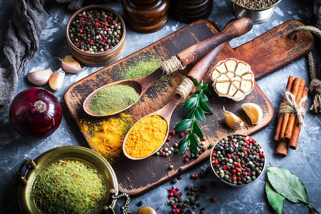 Spices for cooking on an old surface