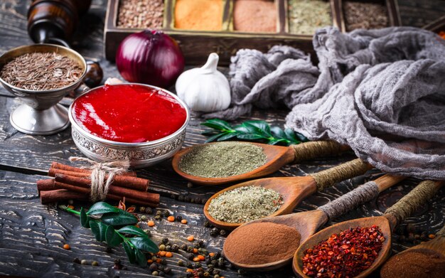 Spices for cooking on an old table