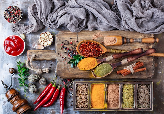 Spices for cooking on an old table