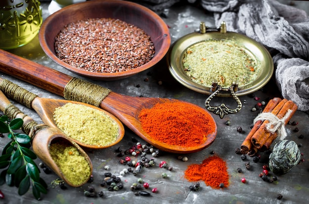 Spices for cooking on an old table