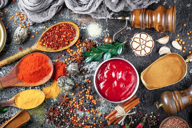 Spices for cooking on an old table