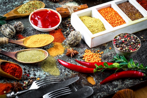 Spices for cooking on an old table