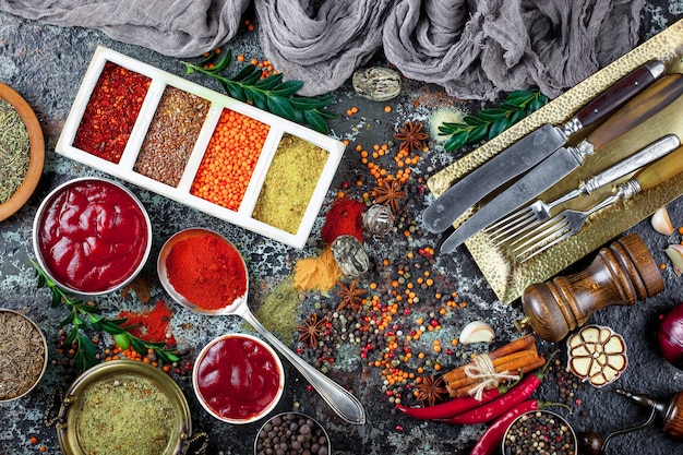 Spices for cooking on an old table