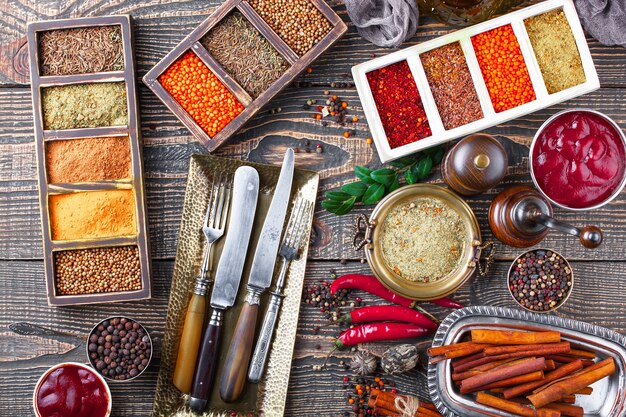 Spices for cooking on an old table