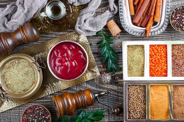 Spices for cooking on an old table