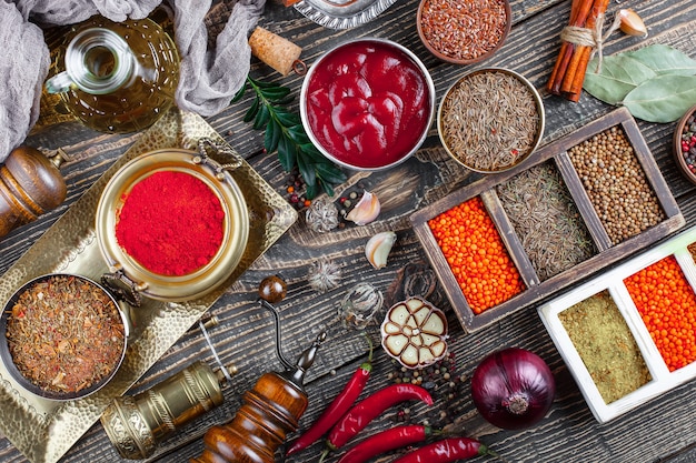 Spices for cooking on an old table