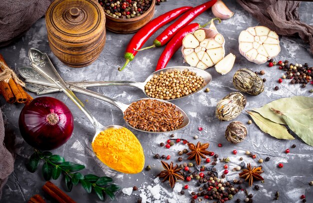 Spices for cooking on an old table