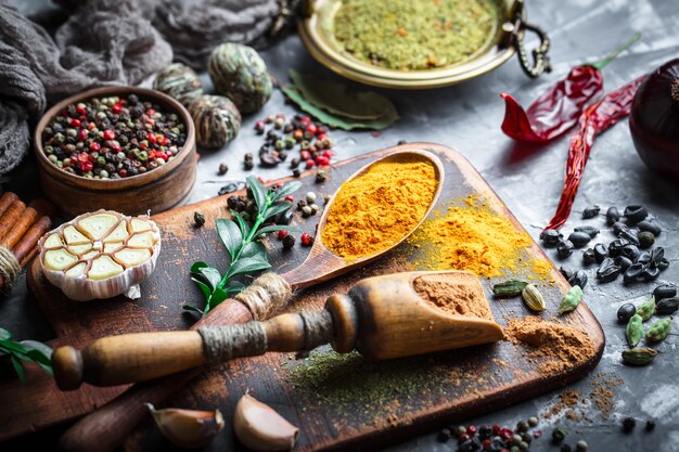 Spices for cooking on an old table