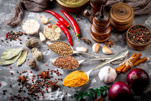 Spices for cooking on an old table