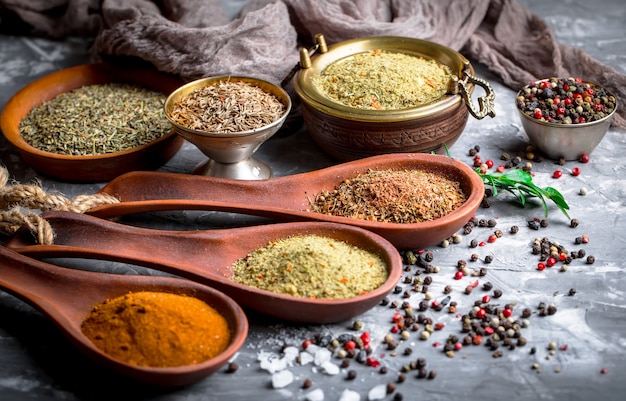 Spices for cooking on an old table