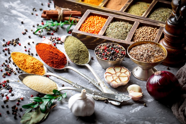 Spices for cooking on an old table