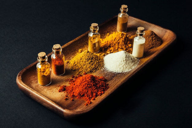 Spices decoration on wooden board