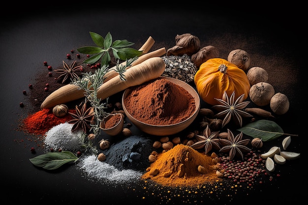 Spices different studio photo of products dark black background Generative AI