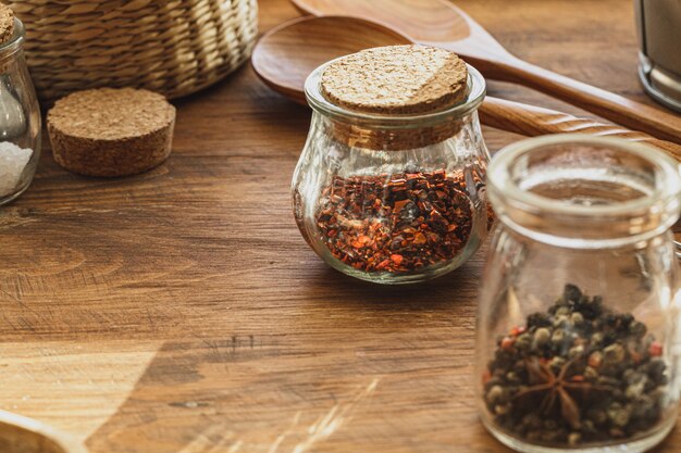 Spices on glass jars