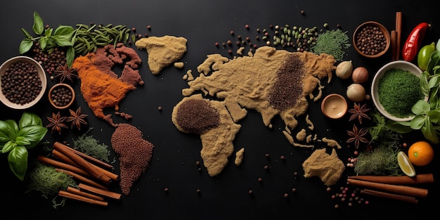 Photo spices and herbs around the world in the shape of a world map on a dark background top view creative photo banner