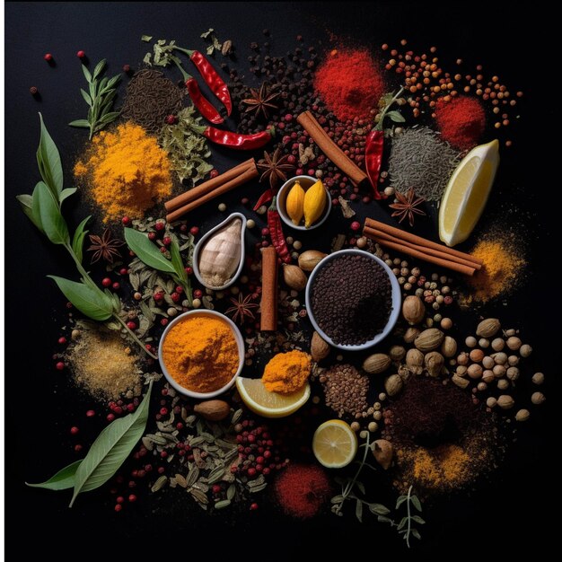 Spices and herbs on a black background Food and cuisine ingredients