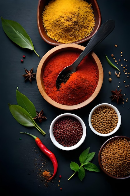 Spices and herbs on a black background