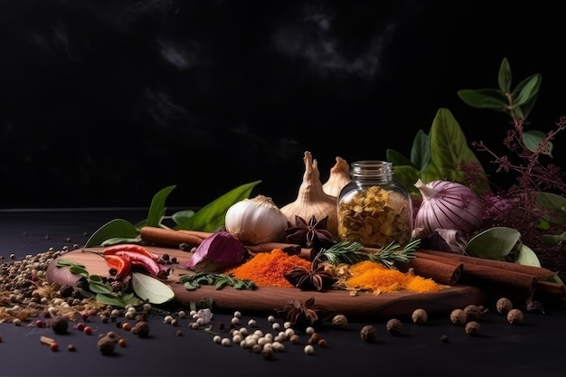 Spices and herbs on black background