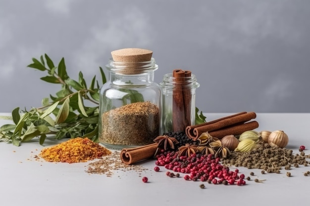 Spices and herbs in bottles on gray background