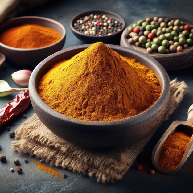 spices and herbs on a bowl on wooden table