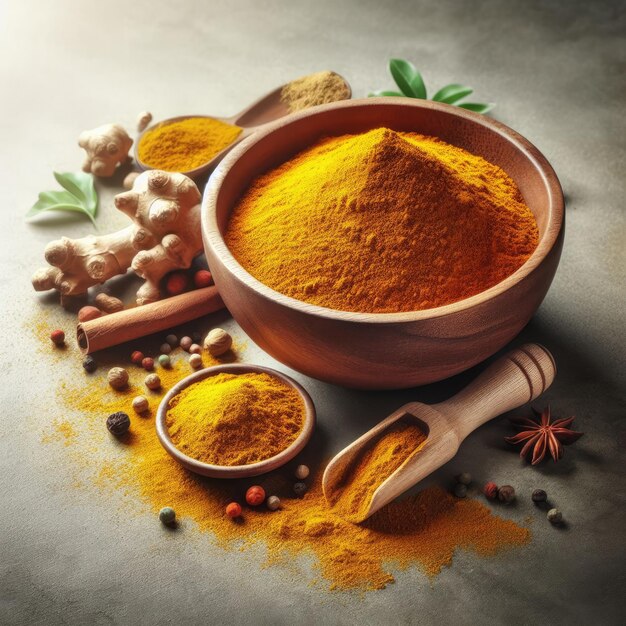 spices and herbs on a bowl on wooden table