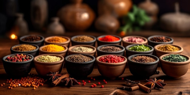 Spices and herbs in bowls on wooden background