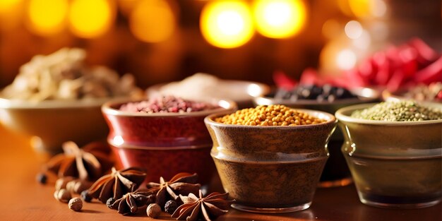 Spices and herbs in ceramic bowls