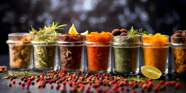 Spices and herbs in glass jars