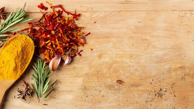 spices and herbs salt paprika copy space top view banner flat lay