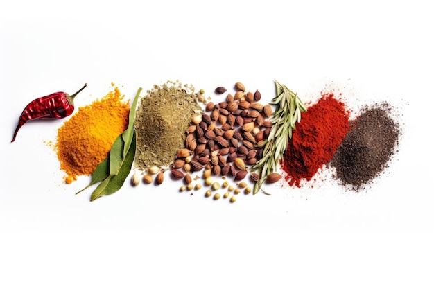 Spices and herbs on white marble background with copy space